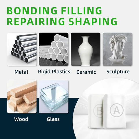 Visual showing uses of Two Part Epoxy Putty 200g Fast Repair Filler For Metal Wood Tile Ceramics Bonding And Sculpting High Strength