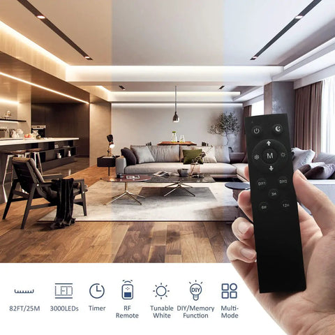 Lit 82ft Dimmable 24V White LED Strip Lights Tunable 3000K To 6000K Rope Light With Remote in living room scene