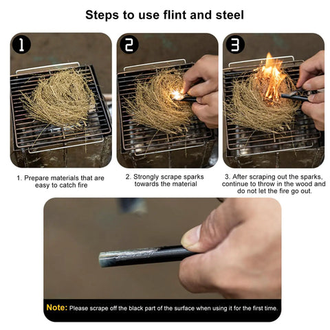 Steps to use 6 Inch Survival Fire Starter Ferro Rod With 3/8 Inch By 6 Inch Size for fire starting, showing tinder ignition.