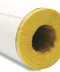 Close-up of one and a half inch by three foot fiberglass pipe insulation with half inch wall thickness for hot and cold water lines.