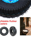 Inflatable rubber casters with tire on blue rim, black inner tube, and rubber tapping process for heavy duty industrial caster wheels.