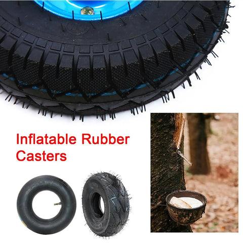Inflatable rubber casters with tire on blue rim, black inner tube, and rubber tapping process for heavy duty industrial caster wheels.