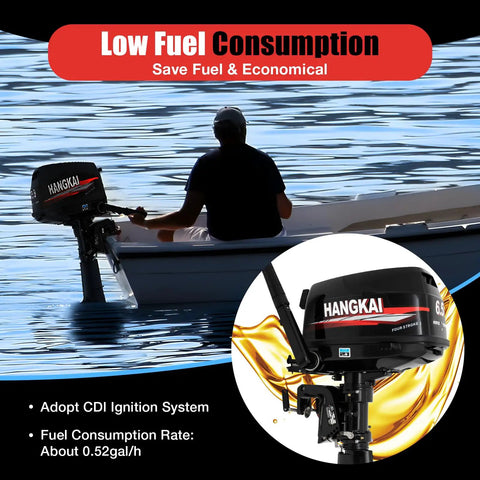Man in small boat with 4 Stroke 6.5 Hp Outboard Motor For Boats With CDI Ignition, advertisement says low fuel consumption