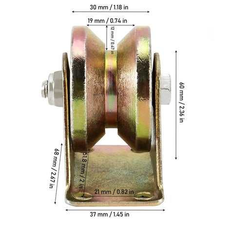 Dead Set 12 Pack 2 Inch Steel V Groove Caster Wheels With Bolts For Sliding Gates And Industrial Carts Galvanized Finish side view with measurements