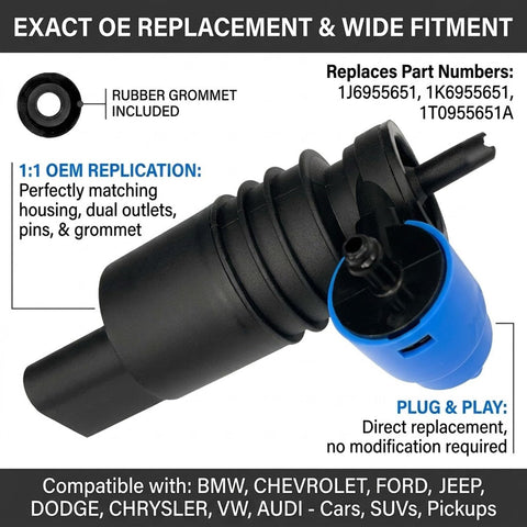 High Pressure Windshield Washer Pump With Grommet And Replacement Spray System For Bmw Ford Jeep Dodge Chrysler Chevy Vw Audi Parts 1J6955651, close-up of dual outlet design.