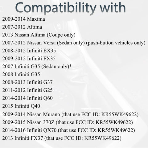 Compatibility chart for Key Fob Replacement For Nissan Altima Maxima Murano 370Z Infiniti G35 G37 EX35 FX35 FX37 Q70 Remotes
