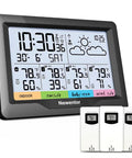 Front view of Four Zone Wireless Indoor Outdoor Weather Station With Digital Atomic Clock And Temperature Humidity Monitor
