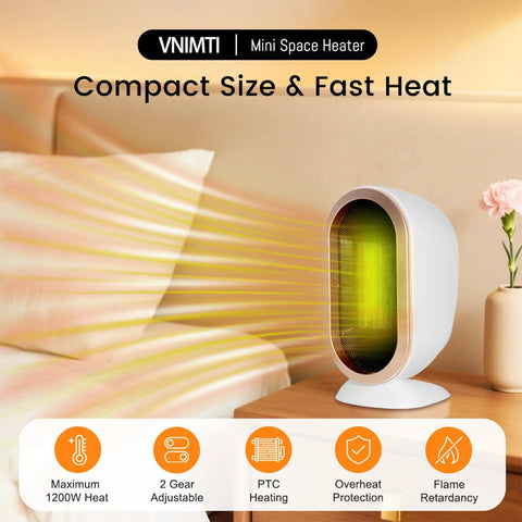 1200W PTC Ceramic Space Heater with Fast Heat, portable desk heater next to bed, cozy compact white design, ideal for small spaces