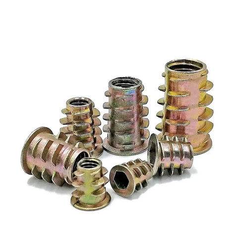 Kickass Zinc Alloy Insert Nuts With Flanged Hex Drive Head For No Sweat Furniture Assembly M4 M6 M8 M10 Screw In Socket Hardware 230 Piece Set showing various sizes of zinc alloy insert nuts.