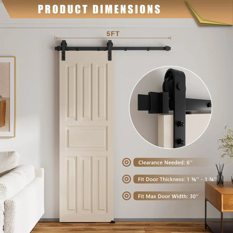 Hella Smooth Five Foot Sliding Barn Door Hardware Kit With Rock Solid Heavy Duty Track Rails and Easy Peasy Roller Wheels for Single Door Up To Thirty Inches Wide Zero Fuss Installation with dimensions.