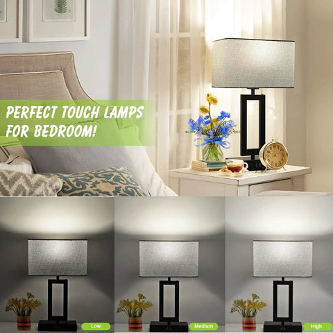 Touch Control Bedside Lamps Set Of 2 With Dope Dual USB Ports And Three Way Dimmable, Modern Nightstand Desk Lamps In Gray And Black