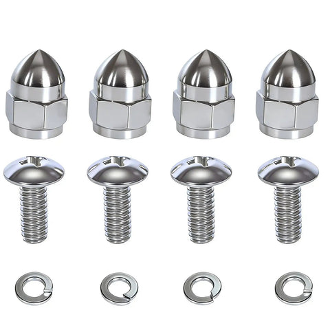 Heavy Duty Motorcycle License Plate Bolt Kit Four Piece Anti Theft Locking Nuts Vibration Proof Fastener Hardware For Harley Honda Yamaha includes chrome bolts and nuts.