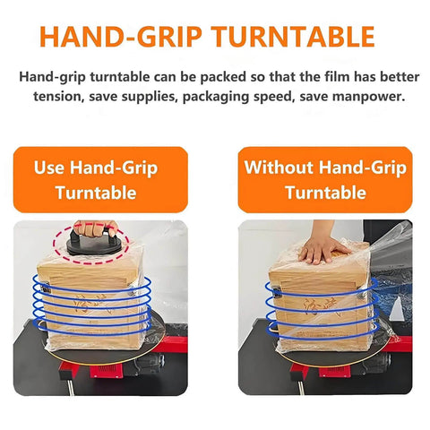 Hand-grip turntable for pallet wrapping, showing improved film tension on a cardboard box, used with Automatic Electric Pallet Wrapping Machine For Fast Warehouse Packaging, A Real Workhorse Film Wrapper For Cartons And Parcels, Compatible With 27.5 Inch Film Width, Energy Efficient, Labor Saving, Dustproof And Moisture Protective