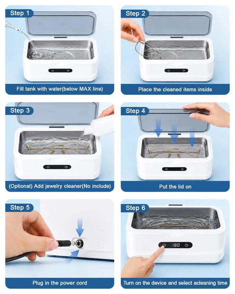 Top Shelf Professional 48KHz Ultrasonic Jewelry Cleaner Heavy Duty filling water tank for cleaning eyeglasses and jewelry.