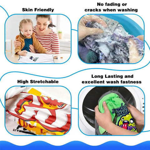 DTF Transfer Film Roll 13 Inch By 328 Feet shows skin friendly, no fade, high stretch, and long-lasting wash fastness benefits.
