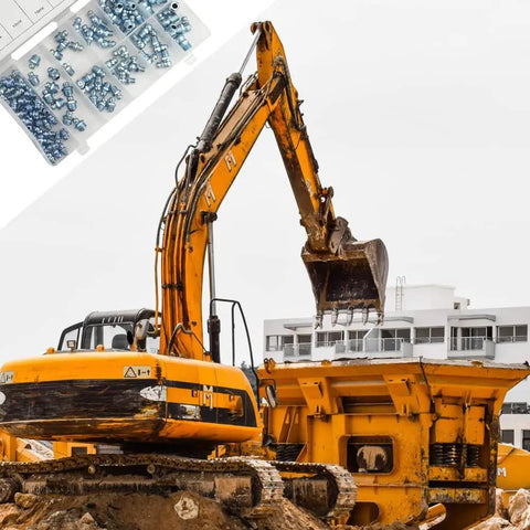 Metric Zerk Grease Fittings Kit 110 Piece Assortment near an excavator on a construction site, zinc plated steel fittings visible