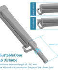 Push To Open Door Latch 2 Pack showing adjustable spring mechanism in closed and open states with measured gap distance.