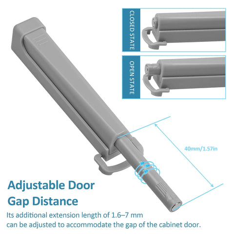 Push To Open Door Latch 2 Pack showing adjustable spring mechanism in closed and open states with measured gap distance.