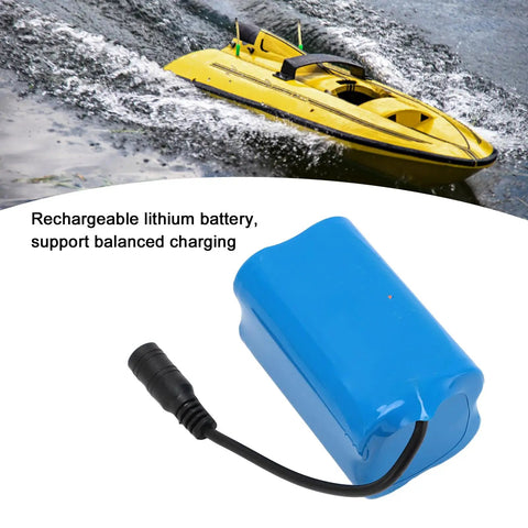 Massive 12000mAh 7.4 Volt Rechargeable Lithium Battery For RC Fishing Bait Boats shown with yellow RC boat