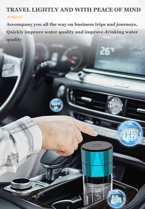 Portable Hydrogen Water Bottle USB Rechargeable H2 Generator delivers 6000PPB hydrogen in car's cup holder for alkaline hydration