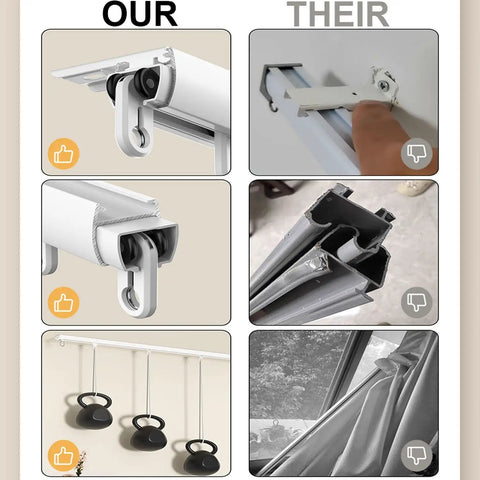 Heavy Duty Ceiling Curtain Rails With Double Track System Silent Sliding And Modern Gray Finish 11.2ft Length 3.4m Ceiling Mount Curtain Rod, close-up of aluminum track
