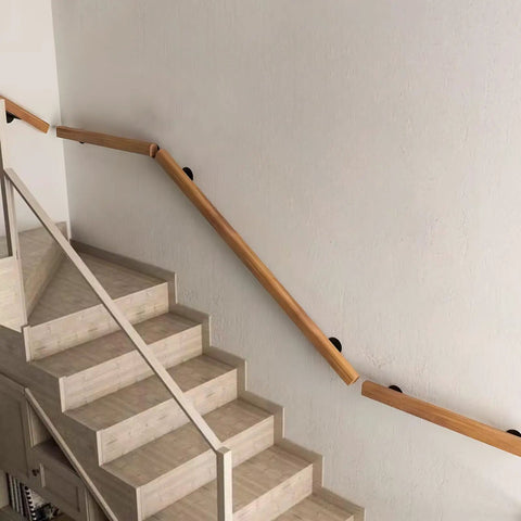 Premium Solid Wood Stair Handrail 2 Foot Wall Mounted Guardrail on wooden stairs, natural finish for safety and durability.