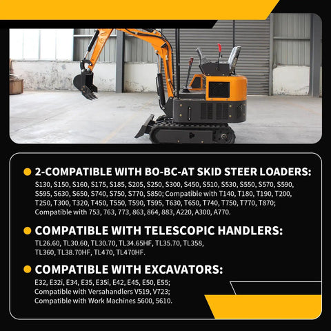 Mini excavator showcasing compatibility for 48 mm Thread Hydraulic Flat Face Quick Coupler Kit For Excavators And Skid Steer Loaders Universal Fit Direct Replacement 7246802 7246799 Tough As Nails Heavy Duty.