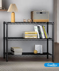 Adjustable Three Tier Metal Wire Shelving Unit In Sleek Black With Flexible Height Configuration Easy Peasy Assembly Perfect For Garage Pantry Or Closet Nifty Space Saver Built Tough To Handle All Your Daily Essentials Quick Setup with books, lamp, and decor.