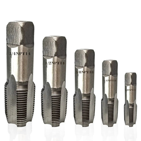 5-piece Go To Pipe Thread Forming Taps Set for cleaning and rethread damaged or jammed pipe threads, high-speed steel.