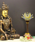 Colorful LED Lotus Flower Lamp With 7 Color Changing Crystal Buddha Light For Cabinet And Altar Decor Light Control Night Light 110V US Plug 10 Inch For A Dope Vibe beside Buddha statue