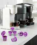 Three Keurig coffee makers with reusable K Cups for Keurig Pods with five hole design, fits MultiStream and SingleStream, on countertop.
