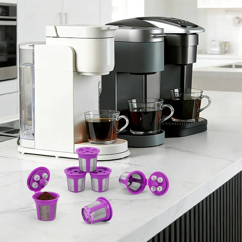 Three Keurig coffee makers with reusable K Cups for Keurig Pods with five hole design, fits MultiStream and SingleStream, on countertop.