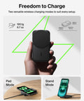 3 In 1 MagSafe Qi2.2 25W Magnetic Wireless Charger Dock With Foldable Charging Stand, hand holding charger, pad and stand mode shown
