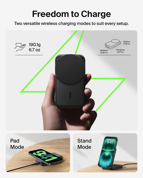 3 In 1 MagSafe Qi2.2 25W Magnetic Wireless Charger Dock With Foldable Charging Stand, hand holding charger, pad and stand mode shown
