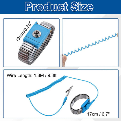 5 Pack Blue Anti Static Wrist Straps With Alligator Clip, 1.8m adjustable ESD safe wristbands, stainless steel, for sensitive electronics