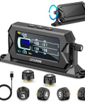 Ride-Ready TPMS For RV, Truck, And Trailer With 6 Sensors, 0-217 PSI, Bright 3-Level LCD Display And Time Display, Type-C And Solar Charging, 2-Minute Setup, 7 Smart Alerts For Pressure, Temperature, Leaks, Sensor Fault, And Battery, IP68. TPMS display and six tire sensors