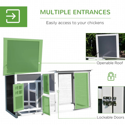 Outdoor Chicken Coop With Run And Nesting Box shown with openable roof and lockable doors, highlighting multiple entrances for easy access.