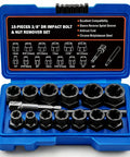 Fifteen Piece Bolt Extractor Kit With Three Eighths Inch Stripped Nut Remover in blue case showing components and sizes.