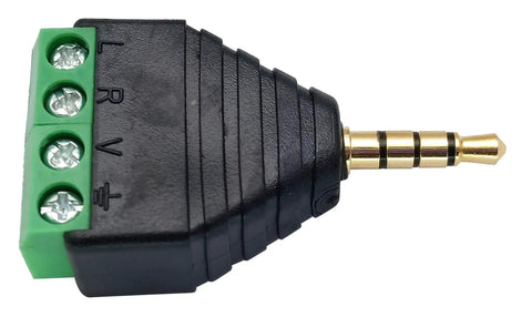 No Sweat Setup 3.5mm TRRS Audio Male To Four Pin Female Screw Terminal Solderless Converter Adapter with green terminal block.
