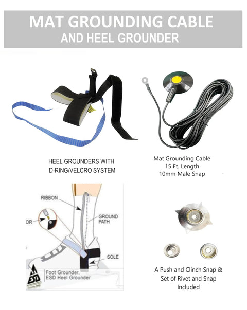 ESD Antistatic Floor Mat With Grounding Cable And Heel Strap, includes 15 ft cable, D-ring velcro heel grounder, snap set