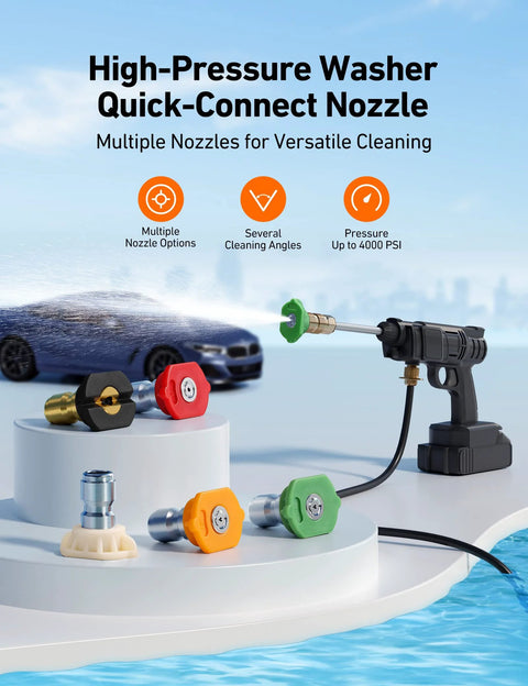 Front view of AstroAI 5-pack pressure washer nozzle tips with 1/4-inch quick-connect; five colored angles for most washers