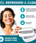 Ultrasonic Sleep Gear Cleaner With A 3 Liter Tank Delivers Deep Clean And Top Notch Dirt Removal By Eliminating Dirt Oils And Buildup From Every Layer And Crevice Patented Tech For Bedding Pads And Sleep Gear At Home. woman holding sleep gear near 3L cleaner