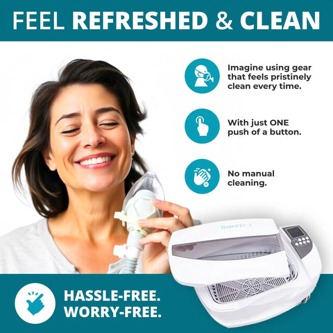 Ultrasonic Sleep Gear Cleaner With A 3 Liter Tank Delivers Deep Clean And Top Notch Dirt Removal By Eliminating Dirt Oils And Buildup From Every Layer And Crevice Patented Tech For Bedding Pads And Sleep Gear At Home. woman holding sleep gear near 3L cleaner