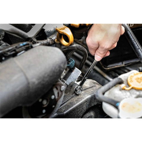 Mechanics Tool Set With One Quarter Inch And Three Eighths Inch Drives, 172-Piece, using 72-tooth ratchet in tight engine space
