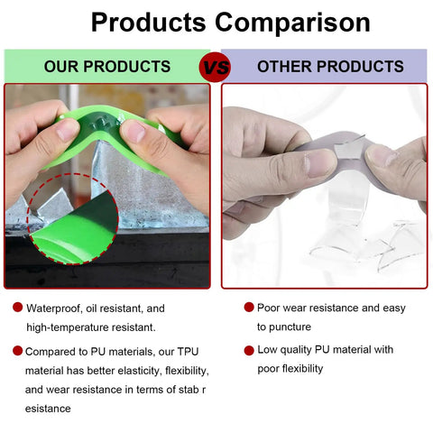 Comparison of Four Roll TPU Bicycle Tire Liners versus other products showing durability benefits.