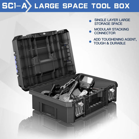 Five Tier Stackable Rolling Toolbox With Wheels And Drawers, Modular Tool Organizer For Garage And Home, open with tools inside.