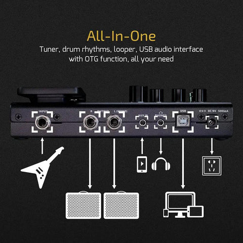 Back panel connectors of GP 100 Guitar And Bass Amp Modeling Rig with inputs, USB, and control options labeled.