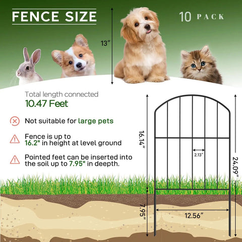 Garden Fence Set No Dig Rustproof Metal Panels, 10 Ft Long By 24 In High Black Fence Barrier, showing size chart and pet suitability