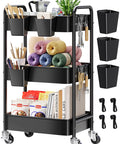 Three Tier Metal Rolling Cart On Wheels In Black with storage items in kitchen or craft room setting, showing versatile storage use.