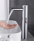 Touchless Bathroom Sink Faucet With Infrared Sensor And Temperature Control Hands Free Tall Body For Commercial Brass Use Adjustable Cold And Hot Water One Hole Single Handle Basin Vessel Auto Water Mixer Chrome Finish installed by white basin with water flowing onto hand